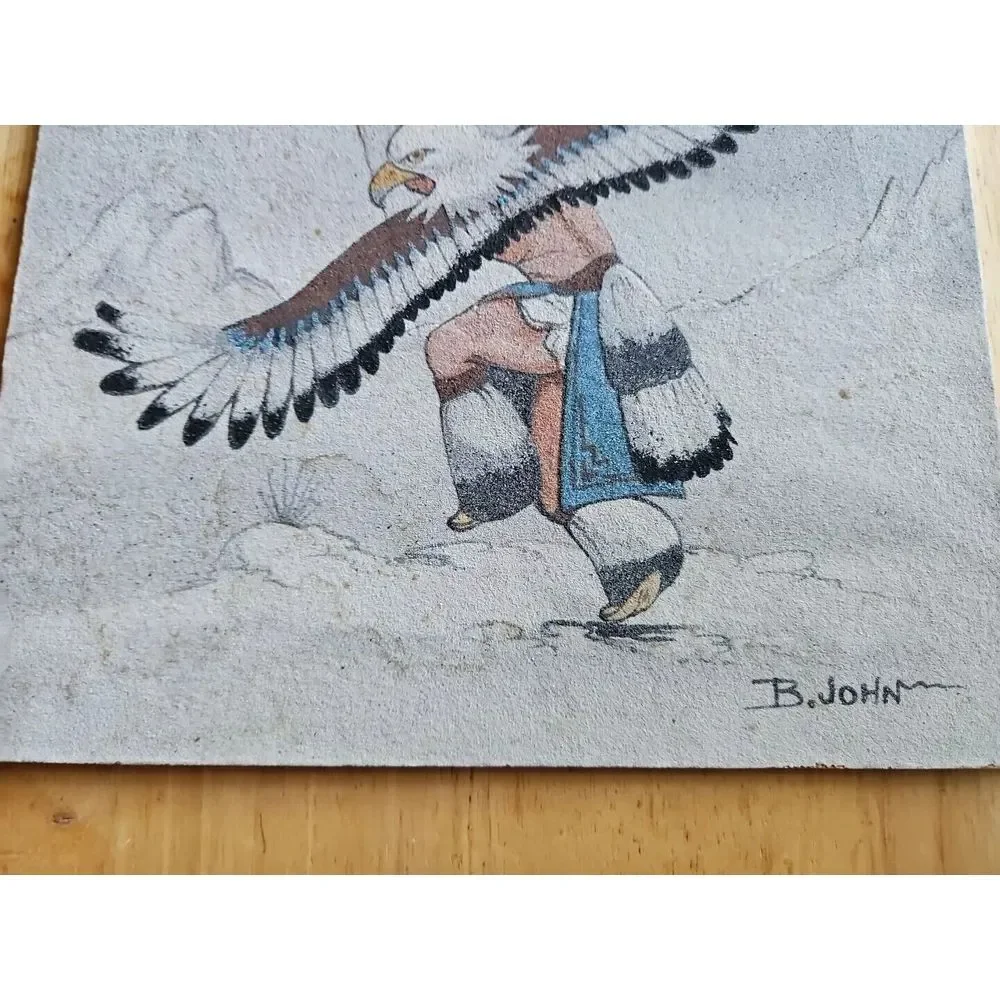 Native American Sand Painting EAGLE‎ DANCER Signed B. John OUTSIDER ART 14X11 - Picture 9 of 11